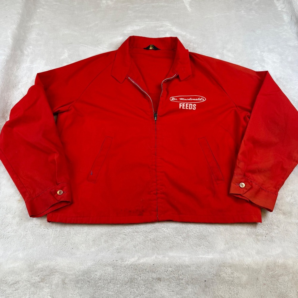 Vintage Sir Jac Red‎ Work Jacket Dr Macdonalds Feeds Zip Up Windbreaker XL